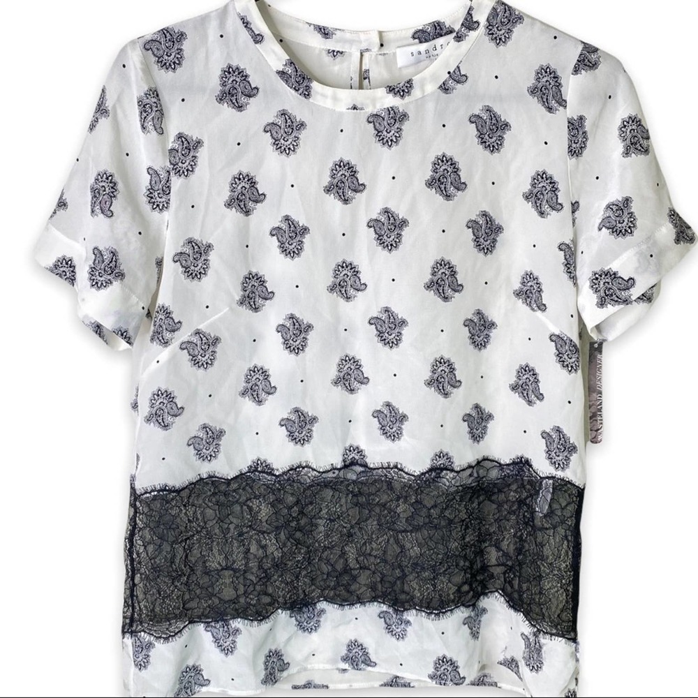 Sandro Paris Silk & Lace White Paisley Top